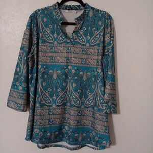 Haute Edition Women's Blouse Sz 1x Turquoise Hippy Boho V-neck Mock Collar